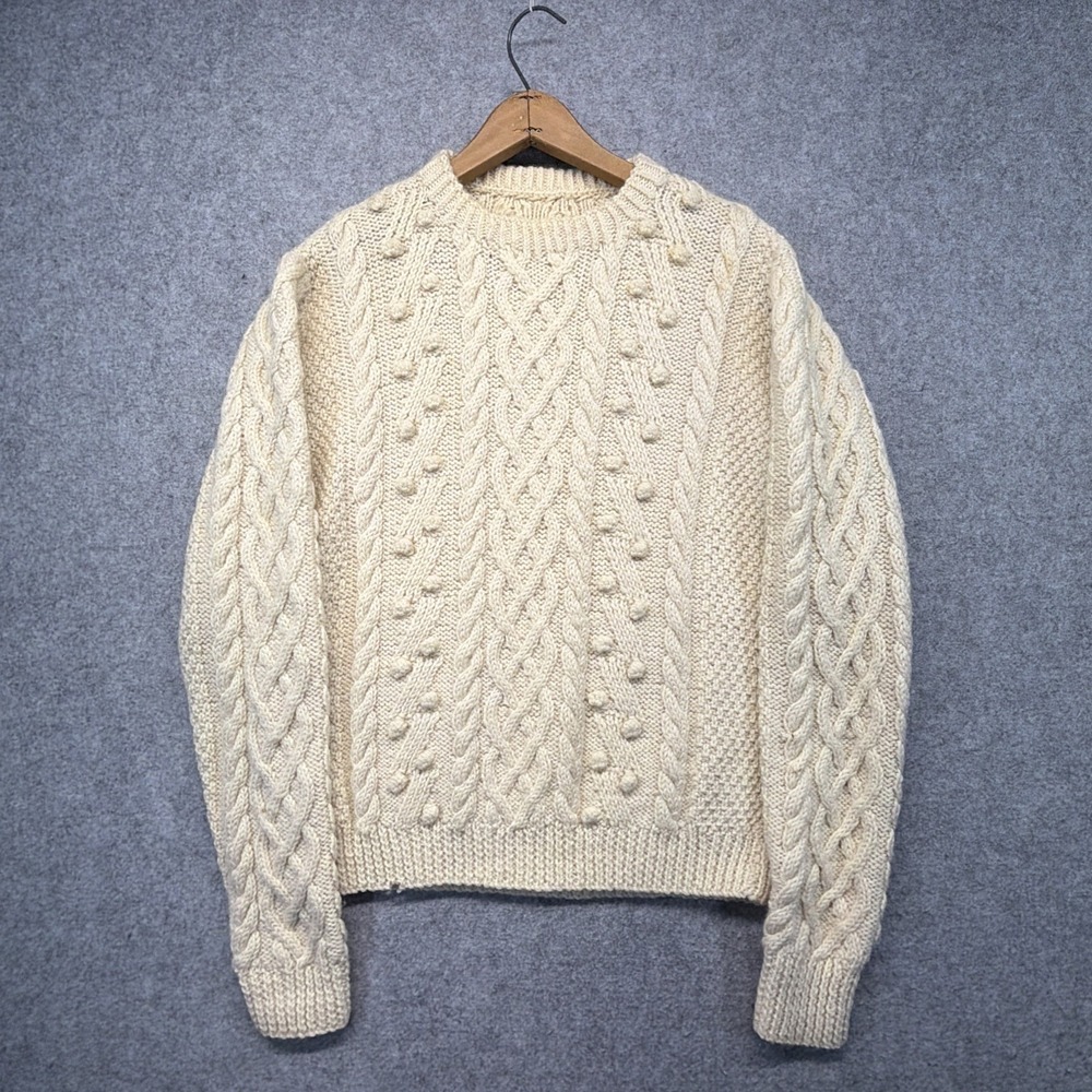 Vintage Irish Aran Sweater Wool Chunky Fisherman Mens Size Medium Cream